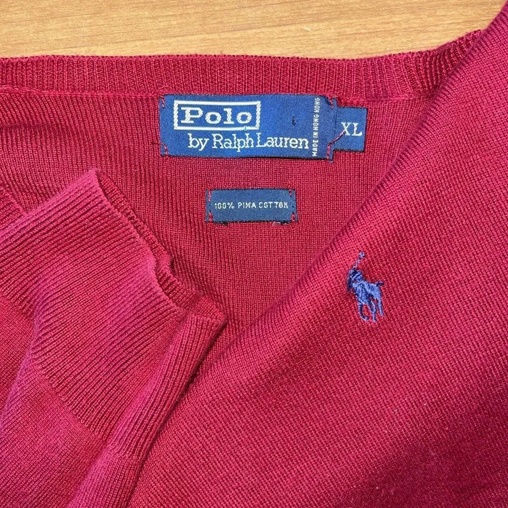 Polo‎ Ralph Lauren Sweater Men XL Red 100% Pima Cotton Soft Blue Logo Preppy